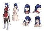  1girl bare_shoulders black_thighhighs blue_eyes blue_hair boots breasts caeda_(fire_emblem) cape cleavage collarbone cropped_legs dress elbow_gloves expressions fire_emblem fire_emblem:_mystery_of_the_emblem gloves highres long_sleeves medium_breasts mik_blamike multiple_views pink_cape red_dress sheath sheathed simple_background sleeveless sleeveless_dress sword thighhighs turtleneck_dress weapon white_background white_dress white_footwear zettai_ryouiki 