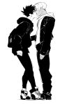  2boys backpack bag closed_eyes contemporary dark-skinned_male dark_skin hades_(series) hades_1 highres hood hoodie imminent_kiss ing0123 male_focus monochrome multiple_boys pants profile shoes smile sneakers thanatos_(hades) yaoi zagreus_(hades) 