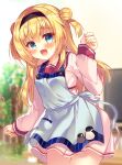  1girl :d apron black_hairband blonde_hair blue_apron blue_eyes blurry blurry_background blush chitose_sana commentary_request depth_of_field double_bun flat_screen_tv hair_bun hair_intakes hairband highres indoors long_hair long_sleeves looking_at_viewer pleated_skirt red_sailor_collar sailor_collar school_uniform serafuku shirt skirt sleeves_past_wrists smile solo suzunone_rena television tenshinranman two_side_up very_long_hair white_serafuku white_shirt white_skirt 