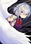  1girl blush buttons closed_mouth dress feathered_wings grey_hair hair_between_eyes harakune_(mugennero) jacket kishin_sagume long_sleeves one-hour_drawing_challenge open_clothes open_jacket purple_dress red_eyes short_hair single_wing solo touhou white_jacket white_wings wings 