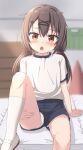  1girl bangs black_shorts blurry blurry_background blush brown_eyes brown_hair commentary_request depth_of_field gym_shirt gym_shorts gym_uniform hair_between_eyes hair_ornament hairclip highres hippo_(hirople) indoors long_hair looking_at_viewer low_twintails open_mouth original panties shirt shoes short_shorts short_sleeves shorts sitting socks solo traffic_cone twintails underwear upshorts uwabaki vaulting_horse white_footwear white_panties white_shirt white_socks x_hair_ornament 