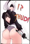  1girl android ass fighting_stance fraankyy highres huge_ass looking_at_viewer looking_back nier nier:_automata nier_(series) robot sword weapon white_hair yorha_no._2_type_b 