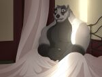  absurd_res anthro badger barazoku bed bed_covers bed_sheet bedding bedroom belly chubby_anthro chubby_male curtains day echo_(series) echo_project european_badger fur furniture hi_res light male malphs mammal meles morning multicolored_body multicolored_fur muscular muscular_anthro muscular_male mustelid musteline navel nikolai_(the_smoke_room) overweight overweight_anthro overweight_male pecs smile solo solo_focus sunlight the_smoke_room visual_novel 