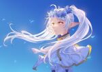  1girl absurdres blue_background blue_flower capelet closed_mouth earrings floating_hair flower frieren green_eyes hair_flower hair_ornament head_wreath highres innoarukugyou jewelry long_hair pointy_ears shirt solo sousou_no_frieren twintails upper_body very_long_hair white_capelet white_hair white_shirt 