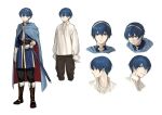  1boy black_pants blue_cape blue_eyes blue_hair cape closed_eyes collarbone cropped_legs expressions fire_emblem fire_emblem:_mystery_of_the_emblem gloves grin injury long_shirt marth_(fire_emblem) mik_blamike multiple_views nervous_smile pants serious sheath sheathed shirt simple_background smile sword tiara weapon white_background white_gloves white_shirt 