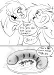  anthro ben_(jordo) clothing comic domestic_cat duo felid feline felis food george_(jordo) hi_res human jordo_(artist) male mammal meat sausage speech_bubble text 