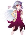  1girl dated dress enjoy_mix feathered_wings feet_out_of_frame grey_hair hair_between_eyes jacket kishin_sagume long_sleeves one-hour_drawing_challenge open_clothes open_jacket purple_dress red_eyes short_hair signature simple_background single_wing solo touhou twitter_username white_background white_wings wings yellow_jacket 