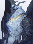  1boy armor beak bird_boy bird_wings black_wings blue_eyes blue_feathers collar commission constricted_pupils feathers from_side furry furry_male glowing glowing_eye greaves haku_(shirogane) highres horns looking_at_viewer male_focus metal_collar original signature simple_background skeb_commission solo standing upper_body white_background wings 