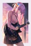  1girl black_skirt blue_eyes bocchi_the_rock! breasts closed_mouth cube_hair_ornament electric_guitar gotou_hitori guitar hair_ornament highres holding holding_instrument instrument jacket long_hair looking_at_viewer medium_breasts pinakes pink_jacket skirt solo standing thighs 