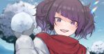  1girl bangs cloud coat diagonal_bangs earmuffs hanetsuka highres idolmaster idolmaster_shiny_colors long_sleeves looking_at_viewer mittens open_mouth outdoors purple_eyes purple_hair purple_lips red_scarf scarf short_twintails sky smile snow solo tanaka_mamimi tree twintails winter winter_clothes winter_coat 