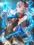  1girl absurdres bare_shoulders black_thighhighs clear_glass_(mildmild1311) corrin_(female)_(fire_emblem) corrin_(fire_emblem) covered_navel dragonstone dress fire_emblem fire_emblem_fates fire_emblem_heroes flower glowing grey_hair hair_flower hair_ornament hairband highres official_alternate_costume pointy_ears red_eyes rose see-through short_dress solo teeth thighhighs thorns water zettai_ryouiki 