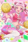  1girl back_bow bow clover_earrings cone_hair_bun cure_yell flower hair_bun hair_flower hair_ornament heart heart_hair_ornament heart_pouch highres hugtto!_precure long_hair magical_girl midriff moro_precure nono_hana open_mouth pink_eyes pink_hair pink_lips pink_skirt pom_pom_(cheerleading) precure short_bangs skirt smile solo thick_eyelashes thighhighs white_bow white_flower white_thighhighs zettai_ryouiki 