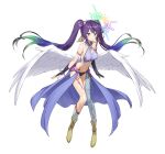  1girl absurdres angel_wings asymmetrical_legwear black_panties blue_eyes blue_thighhighs breasts character_request crop_top feathered_wings floating_hair full_body gradient_hair green_hair hair_ribbon highres long_hair medium_breasts midriff multicolored_hair navel no_game_no_life panties purple_hair purple_ribbon ribbon simple_background solo souto_(0401) stomach thighhighs twintails underwear very_long_hair white_background white_wings wings yellow_footwear 