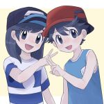  2boys :d bangs baseball_cap black_hair black_headwear commentary_request elio_(pokemon) grey_eyes hand_up hat highres long_hair male_focus multiple_boys open_mouth pokemon pokemon_(game) pokemon_sm pokemon_usum red_headwear sana_(37pisana) shirt short_hair short_sleeves sleeveless sleeveless_shirt smile striped striped_shirt t-shirt upper_body v yellow_background 