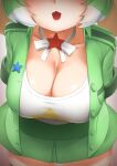 1girl breasts choker cleavage green_hair green_jacket green_skirt highres jacket kemono_friends kemono_friends_3 keroro_(kemono_friends) large_breasts looking_at_viewer multicolored_hair open_mouth shirt short_hair simple_background skirt solo star_(symbol) t-shirt two-tone_hair white_hair yonkuron 