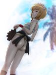  1girl apron ass blonde_hair blush breasts closed_mouth cutlass_(girls_und_panzer) from_below fundoshi girls_und_panzer highres hiyama_yuu_(wee259hiyama) japanese_clothes maid_headdress outdoors sarashi shiny_skin short_hair signature sky small_breasts solo tree yellow_eyes 