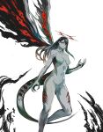  1girl artist_name bangs breasts claws collarbone colored_skin completely_nude extra_eyes foot_out_of_frame halo highres kamishiro_rize long_hair multicolored_skin no_nipples nude red_skin solo tail tokyo_ghoul tokyo_ghoul:re white_background wings yourfreakyneighbourh 