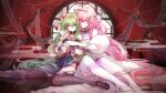  2girls absurdres bangs bare_shoulders black_thighhighs blue_dress blue_eyes blush breasts china_dress chinese_clothes chinese_new_year cleavage closed_mouth dress earrings elf elysia_(honkai_impact) elysia_(miss_pink_elf)_(honkai_impact) green_eyes green_hair hair_between_eyes hair_ornament highres honkai_(series) honkai_impact_3rd hug hulai_de_gou_sheng jewelry large_breasts long_hair looking_at_viewer mobius_(honkai_impact) multiple_girls new_year pink_hair pointy_ears purple_dress purple_eyes slit_pupils smile thighhighs very_long_hair wavy_hair white_thighhighs 