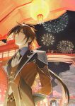  1girl 3boys aerial_fireworks aether_(genshin_impact) antenna_hair architecture arms_behind_back bangs brown_hair brown_vest closed_mouth coat collared_shirt east_asian_architecture fireworks firidus gem genshin_impact hair_between_eyes highres low_ponytail multiple_boys necktie night night_sky orange_eyes orange_hair paimon_(genshin_impact) red_eyeliner shirt short_hair_with_long_locks sky smile standing tartaglia_(genshin_impact) vest white_necktie wing_collar zhongli_(genshin_impact) 