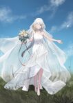  1girl blonde_hair bouquet braid bridal_veil cloud cloudy_sky collarbone commentary_request dress earrings eyepatch full_body girls&#039;_frontline grass highres holding holding_bouquet jewelry looking_at_viewer m16a1_(boss)_(girls&#039;_frontline) m16a1_(girls&#039;_frontline) mole mole_under_eye multicolored_hair open_arms outdoors ring scar scar_on_face shoes single_bare_shoulder single_braid sky sleeveless sleeveless_dress smile solo taiyang_ami veil wedding_dress wedding_ring white_dress white_footwear white_hair 