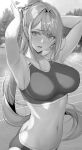  1girl absurdres armpits bangs blush breasts buruma butt_crack gentsuki greyscale hand_in_own_hair highres large_breasts long_hair looking_at_viewer monochrome navel open_mouth original outdoors ponytail solo sports_bra sweat tying_hair very_long_hair 