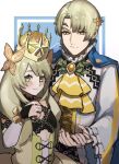  1boy 1girl alfred_(fire_emblem) ascot bangs blonde_hair brother_and_sister butterfly_hair_ornament cape celine_(fire_emblem) crown dress fire_emblem fire_emblem_engage flat_chest frills green_eyes hair_ornament highres holding_hands long_hair looking_at_viewer seinikuten short_hair siblings smile twitter_username upper_body yellow_ascot yellow_dress 
