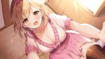  1girl bangs black_thighhighs blonde_hair breasts brown_eyes cleavage djeeta_(granblue_fantasy) dutch_angle granblue_fantasy hairband indoors large_breasts looking_at_viewer omuretsu open_mouth red_hairband short_hair short_sleeves solo thighhighs 