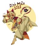  1girl adapted_costume animal_ears bangs barefoot bell calico cat_ears cat_girl cat_tail chinese_new_year coin fang gold goutokuji_mike happy highres jingle_bell kimon_102 koban_(gold) multicolored_hair multicolored_shirt multicolored_tail open_mouth pants paw_pose shirt short_hair solo streaked_hair tail toes touhou white_hair white_pants white_shirt 