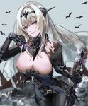  1girl absurdres bianca_(punishing:_gray_raven) black_bodysuit black_hairband bodysuit breasts cleavage detached_collar grey_hair hairband headgear highres holding holding_weapon large_breasts mechanical_arms mochigana punishing:_gray_raven purple_eyes sidelocks veil weapon 