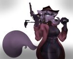  anthro black_bodysuit blue_eyes bodysuit breasts canid canine clothed clothing colored_nails eyewear female fox fur glasses gloves_(marking) gun handgun hat headgear headwear hi_res holding_gun holding_object holding_weapon huegirl19 jacket looking_at_viewer mammal markings medium_breasts nails open_clothing open_jacket open_topwear pistol purple_body purple_fur ranged_weapon red_clothing red_jacket red_topwear rifle simple_background skinsuit solo tight_clothing topwear weapon white_background white_nails 