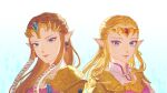  2girls armor bangs blonde_hair blue_eyes brown_hair crown dress earrings gold_armor gradient_background hair_ribbon highres jewelry long_hair looking_at_viewer multiple_girls parted_bangs pink_dress pointy_ears princess_zelda ribbon shoulder_armor sidelocks smile the_legend_of_zelda the_legend_of_zelda:_ocarina_of_time the_legend_of_zelda:_twilight_princess triforce_earrings twitter_username upper_body white_ribbon yayoi_(chepiiii23) 