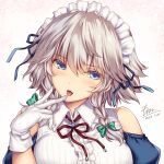  1girl bangs blue_eyes bow braid dated gloves green_bow hair_bow highres izayoi_sakuya licking licking_finger looking_at_viewer maid_headdress monety side_braids signature simple_background solo tongue tongue_out touhou twin_braids upper_body white_background white_gloves 
