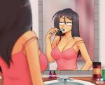  1girl artist_name black_hair blurry breasts brushing_teeth cleavage commentary curtains depth_of_field english_commentary eyebrows_hidden_by_hair large_breasts long_hair mirror nortuet original pink_tank_top reflection sink solo spaghetti_strap strap_slip tank_top toothbrush upper_body 