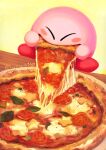  absurdres artist_name blush blush_stickers cheese_trail closed_eyes eating food food_in_mouth full_body highres holding holding_food holding_pizza kirby kirby_(series) leaf no_humans pizza red_footwear shoes sitting star_(symbol) suyasuyabi table tomato twitter_username yellow_background 