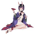  1girl bangs collarbone cup drunk fate_(series) feet hair_ornament half-closed_eyes holding holding_cup horns japanese_clothes k29 kimono legs long_sleeves navel no_shoes off_shoulder oni oni_horns open_clothes open_kimono open_mouth purple_hair purple_kimono revealing_clothes sakazuki short_eyebrows short_hair shuten_douji_(fate) simple_background single_bare_shoulder sitting skin-covered_horns solo teeth toes white_background wide_sleeves yokozuwari 