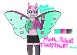  antennae_(anatomy) anthro arthropod blep bottomwear clothing cropped_hoodie eyewear gesture glasses glowing glowing_eyes humanoid insect legwear lepidopteran nonbinary_(lore) shorts solo thigh_highs tongue tongue_out v_sign vecti_doptera vecti_doptera_(character) wings 