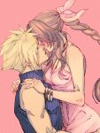  1boy 1girl aerith_gainsborough bangle bangs bare_shoulders blonde_hair blue_shirt blush bracelet braid braided_ponytail breasts brown_hair choker cleavage closed_eyes cloud_strife dress final_fantasy final_fantasy_vii final_fantasy_vii_remake green_eyes hair_ribbon hand_on_another&#039;s_shoulder hetero imminent_kiss jewelry long_hair medium_breasts parted_bangs parted_lips pink_background pink_dress pink_ribbon ribbon shirt short_hair sidelocks sleeveless sleeveless_dress sleeveless_turtleneck spiked_hair sweatdrop turtleneck upper_body wakakusa-e wavy_hair wide-eyed 