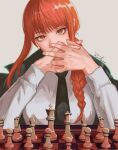  1girl artist_name bangs black_coat black_necktie board_game braid braided_ponytail chainsaw_man chess chess_piece chessboard coat coat_on_shoulders collared_shirt grey_background hair_over_shoulder highres long_hair looking_at_viewer makima_(chainsaw_man) necktie red_hair ringed_eyes shirt sidelocks simple_background solo taestymaee twitter_username white_shirt yellow_eyes 