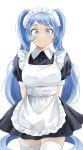  1girl absurdres alternate_costume alternate_hairstyle apron arms_behind_back black_dress blue_eyes blue_hair boku_no_hero_academia bright_pupils closed_mouth dress enmaided fengling_(furin-jp) hadou_nejire highres long_hair looking_at_viewer maid maid_headdress puffy_short_sleeves puffy_sleeves short_sleeves simple_background smile solo thighhighs twintails very_long_hair white_apron white_background white_pupils 