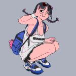  1girl :p absurdres backpack bag bare_shoulders black_hair braid breasts cleavage eyewear_on_head highres multicolored_hair one_eye_closed original pink_hair shoes shorts sneakers solo squatting sunglasses tank_top tarou2 tongue tongue_out twin_braids 