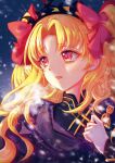  1girl absurdres black_tiara blonde_hair breath christmas ereshkigal_(fate) ereshkigal_(third_ascension)_(fate) fate/grand_order fate_(series) hair_ribbon hand_up highres jewelry moon red_eyes red_ribbon reyflo ribbon skull snow snowing solo tiara 