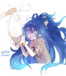  1girl artist_name blue_bow blue_eyes blue_hair bow bowl bracelet cracked_bowl damaged grey_hoodie hair_bow highres holding holding_bowl hood hoodie jewelry long_hair one-hour_drawing_challenge rice rice_bowl simple_background stuffed_animal stuffed_cat stuffed_toy sweatdrop todomaki41 touhou twitter_username white_background yorigami_shion 
