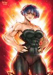  1girl abs black_hair bodysuit english_commentary gawain_(mokushiroku_no_yonkishi) gradient_background hand_on_hip hands_on_hips highres mokushiroku_no_yonkishi muscular muscular_female nanatsu_no_taizai red_background short_hair smile solo the_golden_smurf yellow_eyes 