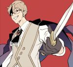  1boy ascot black_ascot black_gloves black_jacket blonde_hair brooch collared_shirt evil_grin evil_smile fate/grand_order fate/prototype fate/prototype:_fragments_of_blue_and_silver fate_(series) glasses gloves grey_vest grin hair_between_eyes holding holding_knife jacket jacket_on_shoulders jekyll_and_hyde_(fate) jewelry knife looking_at_viewer male_focus miyamakoume pointing_weapon red_background red_eyes sharp_teeth shirt short_hair simple_background smile solo teeth uneven_eyes upper_body vest white_shirt 