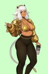  1girl alternate_costume animal_ears artist_name ash_(fire_emblem) bell bikini bikini_top_only black_choker black_horns black_pants breasts brown_eyes choker cleavage closed_mouth commentary contemporary cow_ears cow_girl cow_horns cow_tail cup dark-skinned_female dark_skin ear_piercing english_commentary fire_emblem fire_emblem_heroes gold_bikini gold_jacket green_background headband highres holding holding_bell holding_cup horns jacket jewelry large_breasts light_smile lips long_hair long_sleeves looking_at_viewer meziosaur multiple_rings necklace open_clothes open_jacket pants piercing ring simple_background smile solo swimsuit tail thighs white_hair yoga_pants 