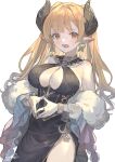  1girl alba_(granblue_fantasy) bare_shoulders black_dress blonde_hair butterfly_earrings center_opening choker dress earrings freckles fur_scarf granblue_fantasy hair_intakes highres horns jewelry mole mole_under_mouth nao_(syn_eaa) open_mouth own_hands_together pointy_ears red_eyes ring side_slit simple_background solo white_background wide_sleeves 