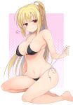 1girl arihara_nanami arm_at_side bangs bare_legs bare_shoulders barefoot bikini black_bikini blonde_hair blush breasts cleavage closed_mouth collarbone covered_nipples curvy english_commentary eyelashes fingernails full_body groin hair_between_eyes hand_up highres holding holding_ribbon large_breasts legs long_hair looking_at_viewer midriff navel pink_background polka_dot polka_dot_background pom_pom_(clothes) ponytail red_eyes ribbon ribbon-trimmed_bikini riddle_joker seductive_smile seiza sidelocks simple_background sitting skindentation smile solo stomach swimsuit tatsuya_(trypaint) thighs toes very_long_hair white_background 