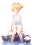 1girl absurdres bakemonogatari blonde_hair blush commentary_request hair_up highres korean_commentary looking_at_viewer monogatari_(series) naked_towel onsen oshino_shinobu partially_submerged pointy_ears shinobu1407 simple_background sitting smile snow solo towel towel_on_head water white_background yellow_eyes 