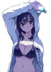  1girl :o animal_hood arm_up bangs bikini bikini_under_clothes black_bikini black_eyes black_hair blush bottle breasts cleavage collarbone holding holding_bottle hood hooded_jacket jacket large_breasts long_hair long_sleeves looking_at_viewer morisawa_haruyuki navel open_clothes open_jacket open_mouth original simple_background solo swimsuit unzipped upper_body water_bottle white_background white_jacket 