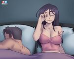  1boy 1girl artist_name bed black_hair breasts cleavage closed_eyes collarbone commentary english_commentary large_breasts lips long_hair nortuet original pillow pink_tank_top raised_eyebrow rubbing_eyes sleeping spaghetti_strap strap_slip tank_top waking_up 